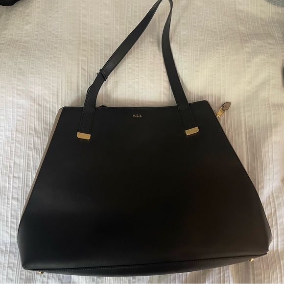 Lauren Ralph Lauren Large Black Leather Expandable Shoulder Purse - Picture 1 of 8